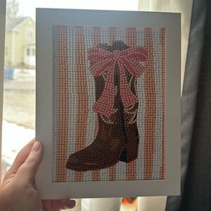 Framed Beaded Boot Art with Pink Bow